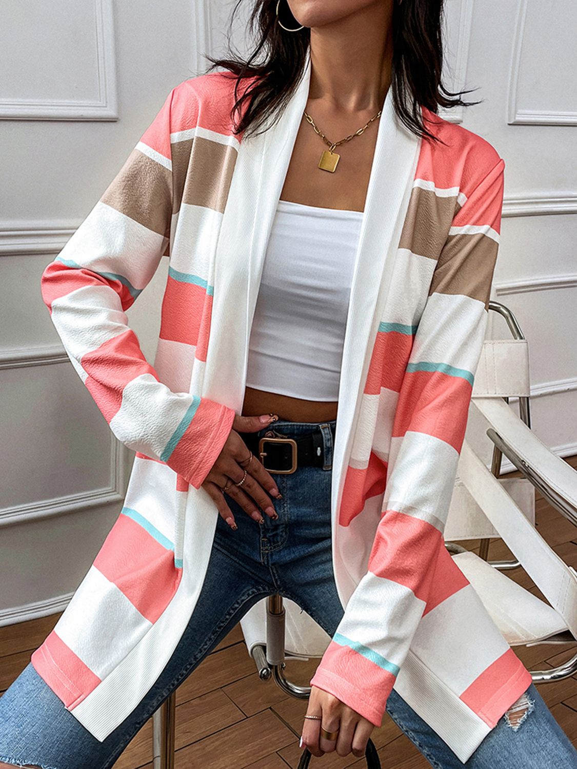 Striped Open Front Longline Cardigan - Women’s Clothing & Accessories - Shirts & Tops - 5 - 2024