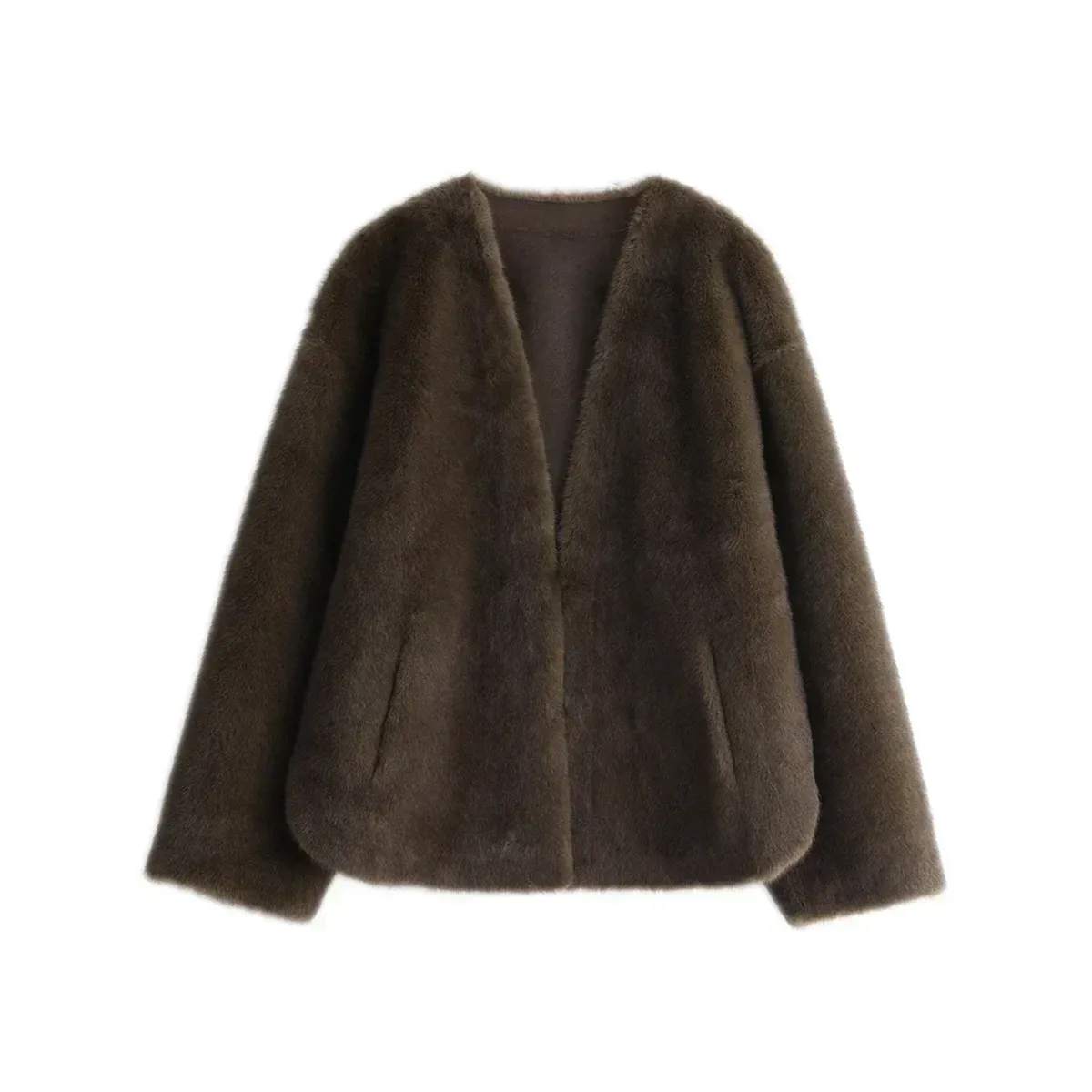 Plush V-Neck Loose Fit Jacket - Jackets & Coats - Jacket - 3