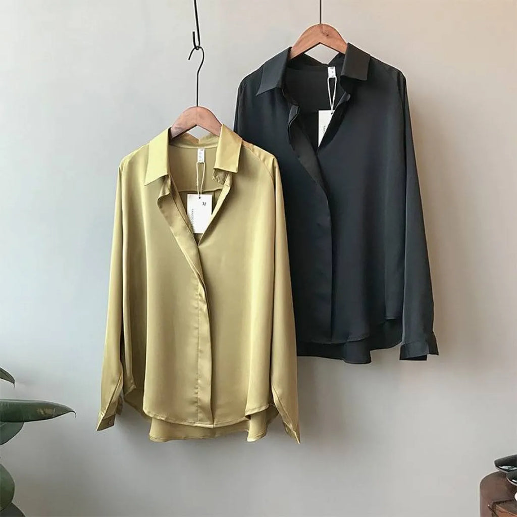 Loose Satin V-Neck Blouse – Soft Minimalist Style - Women’s - 18
