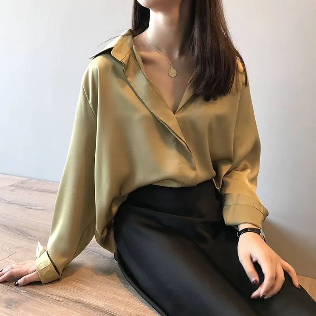 Loose Satin V-Neck Blouse – Soft Minimalist Style - Women’s - 11