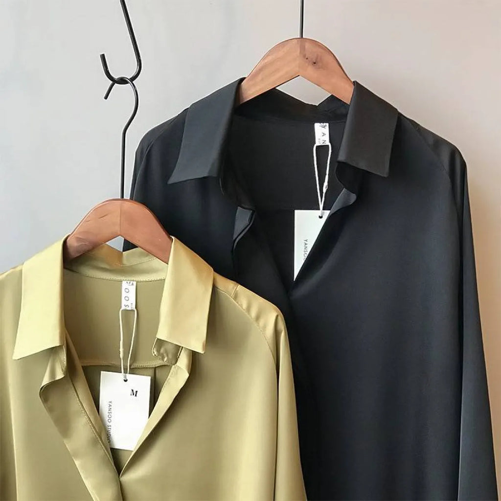 Loose Satin V-Neck Blouse – Soft Minimalist Style - Women’s - 23