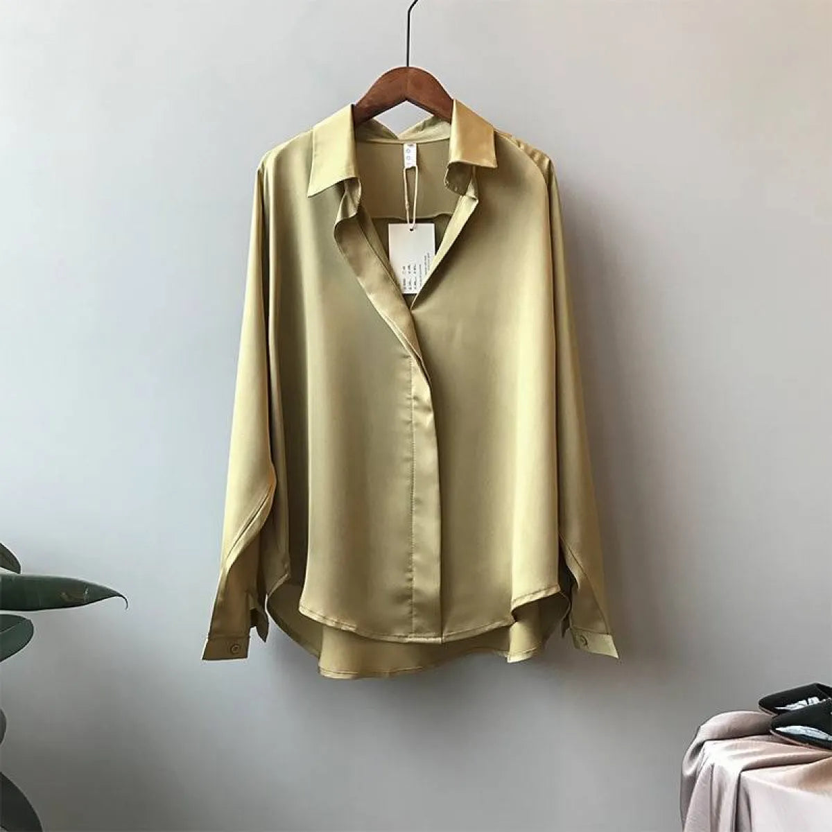 Loose Satin V-Neck Blouse – Soft Minimalist Style - Women’s - 34