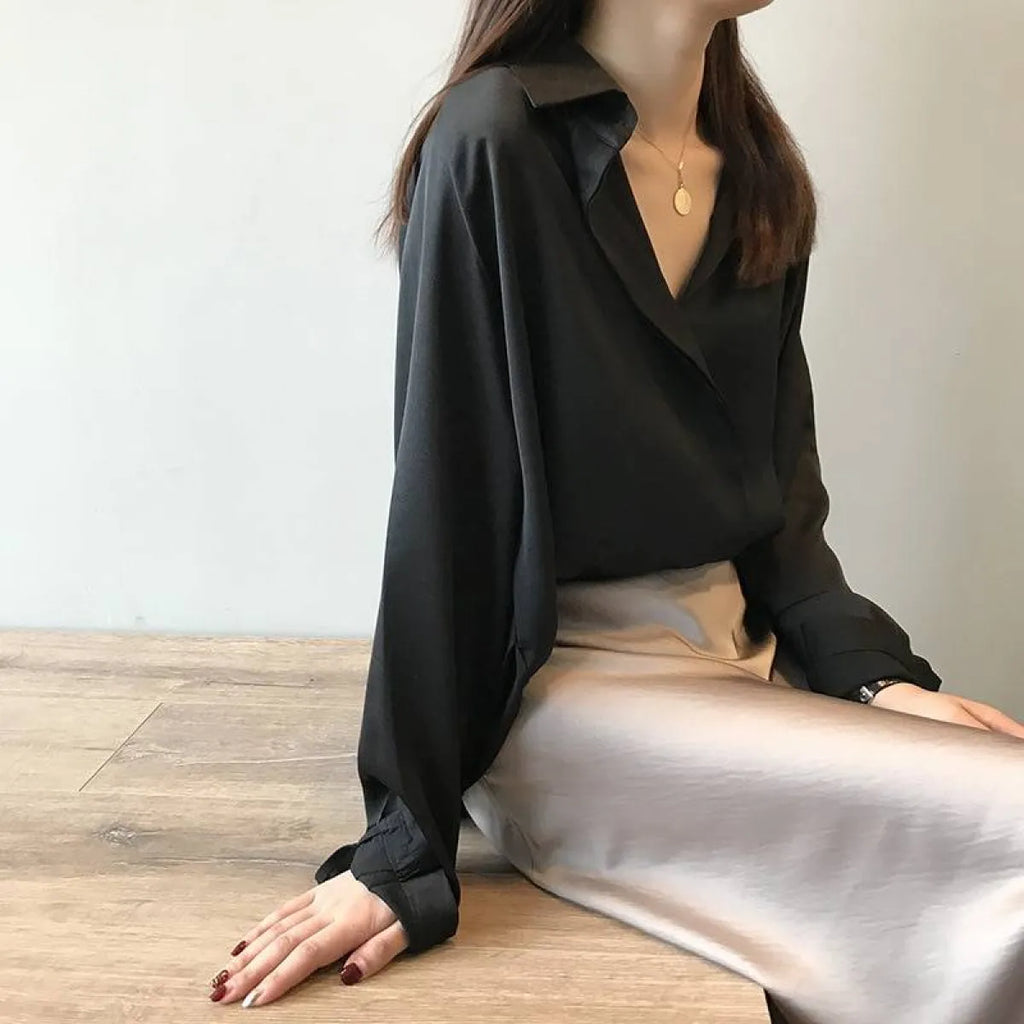 Loose Satin V-Neck Blouse – Soft Minimalist Style - Women’s - 14