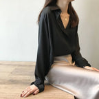Loose Satin V-Neck Blouse – Soft Minimalist Style - Women’s - 14