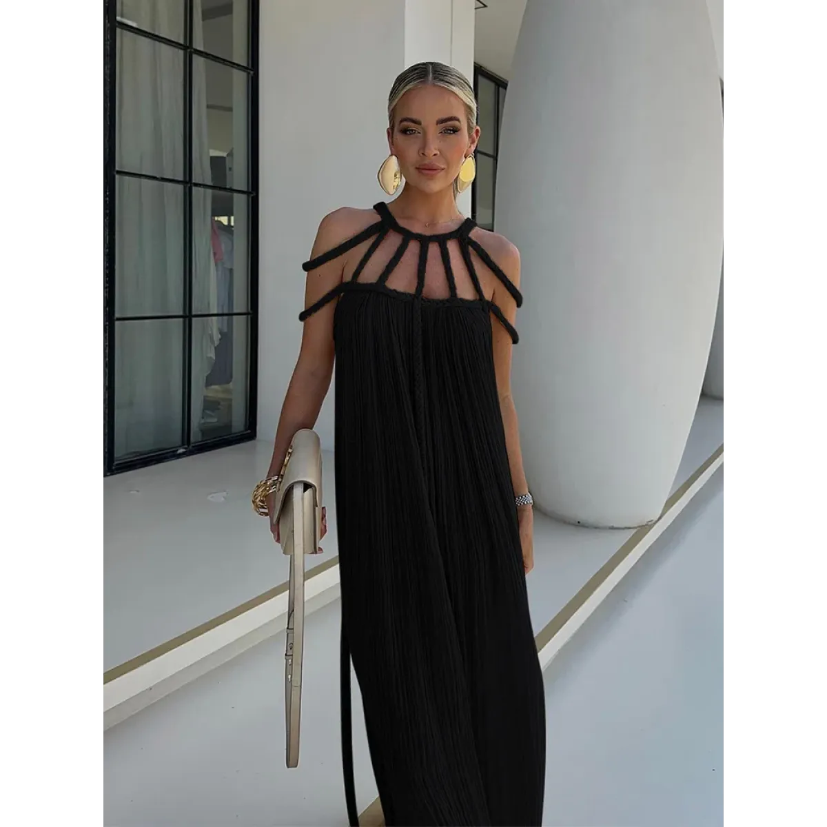 Loose Sleeveless Maxi Beach Dress with Crochet Cut-Outs – Kawaii Stop