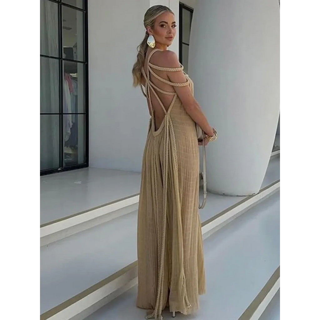 Loose Sleeveless Maxi Beach Dress: Off-Shoulder Crochet Cut-Out Design - All Dresses - 2