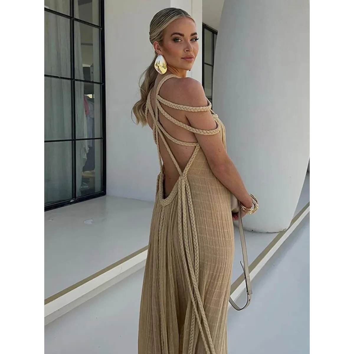 Loose Sleeveless Maxi Beach Dress: Off-Shoulder Crochet Cut-Out Design - All Dresses - 4