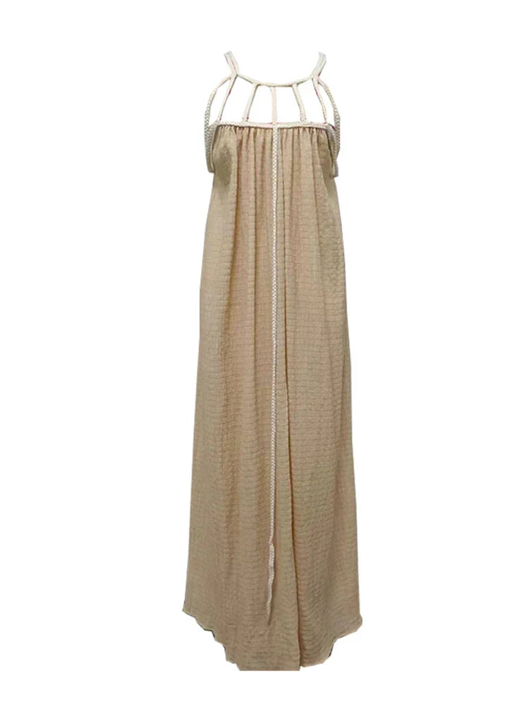 Loose Sleeveless Maxi Beach Dress: Off-Shoulder Crochet Cut-Out Design - Brown / One Size - All Dresses - Dresses - 6