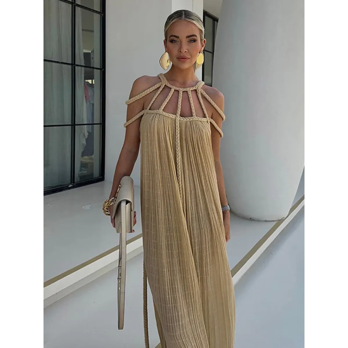 Loose Sleeveless Maxi Beach Dress: Off-Shoulder Crochet Cut-Out Design - All Dresses - 3