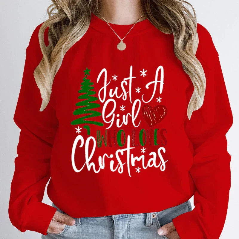 ’Just A Girl Who Loves Christmas’ Round Neck Sweatshirt - Red / S - T-Shirts - Sweaters - 2 - 2024