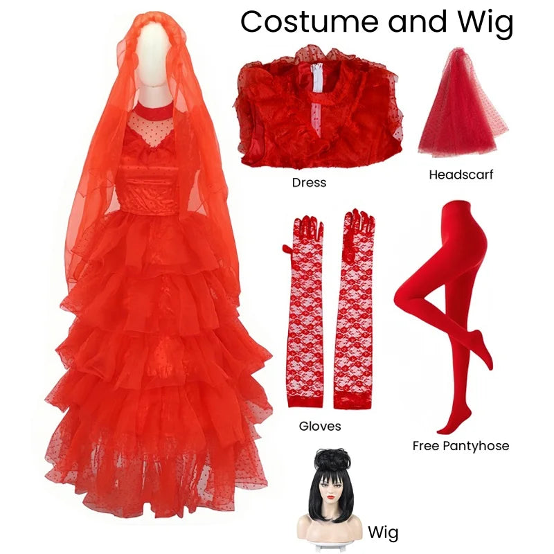 Lydia Deetz Red Wedding Dress Costume – Beetlejuice Outfit Set - Dress and wig / S - All Dresses - Dance Dresses