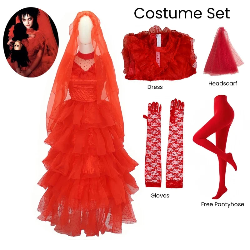 Lydia Deetz Red Wedding Dress Costume – Beetlejuice Outfit Set - Dress Set / S - All Dresses - Dance Dresses Skirts &