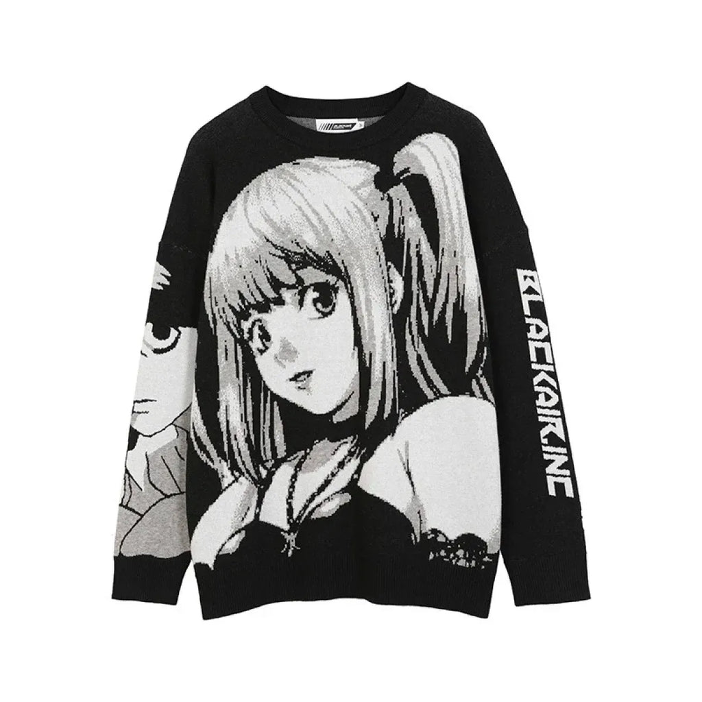 Manga Muse Knit Sweater – Monochrome Anime-Inspired Oversized Pullover - Sweaters - 2