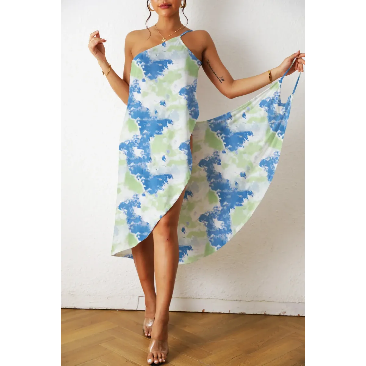 Marble Print Asymmetrical Midi Dress Beach Vibes  Kawaii Stop