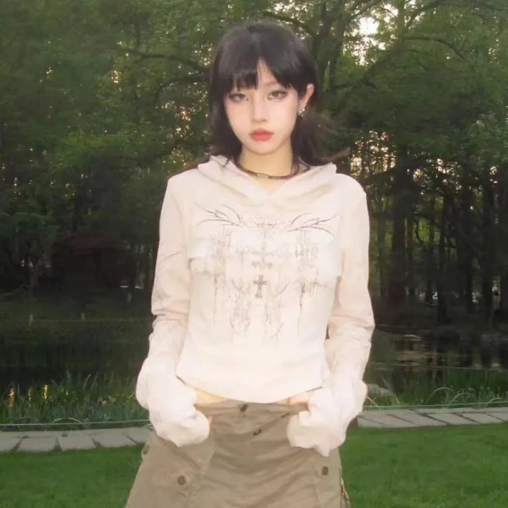 Gothic Print Hoodie – Y2K E-Girl Long Sleeve Harajuku Top - Hoodies & Sweatshirts - Hooded - Hoodies - 4