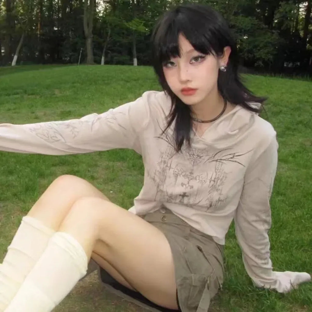 Gothic Print Hoodie – Y2K E-Girl Long Sleeve Harajuku Top - Hoodies & Sweatshirts - Hooded - Hoodies - 6