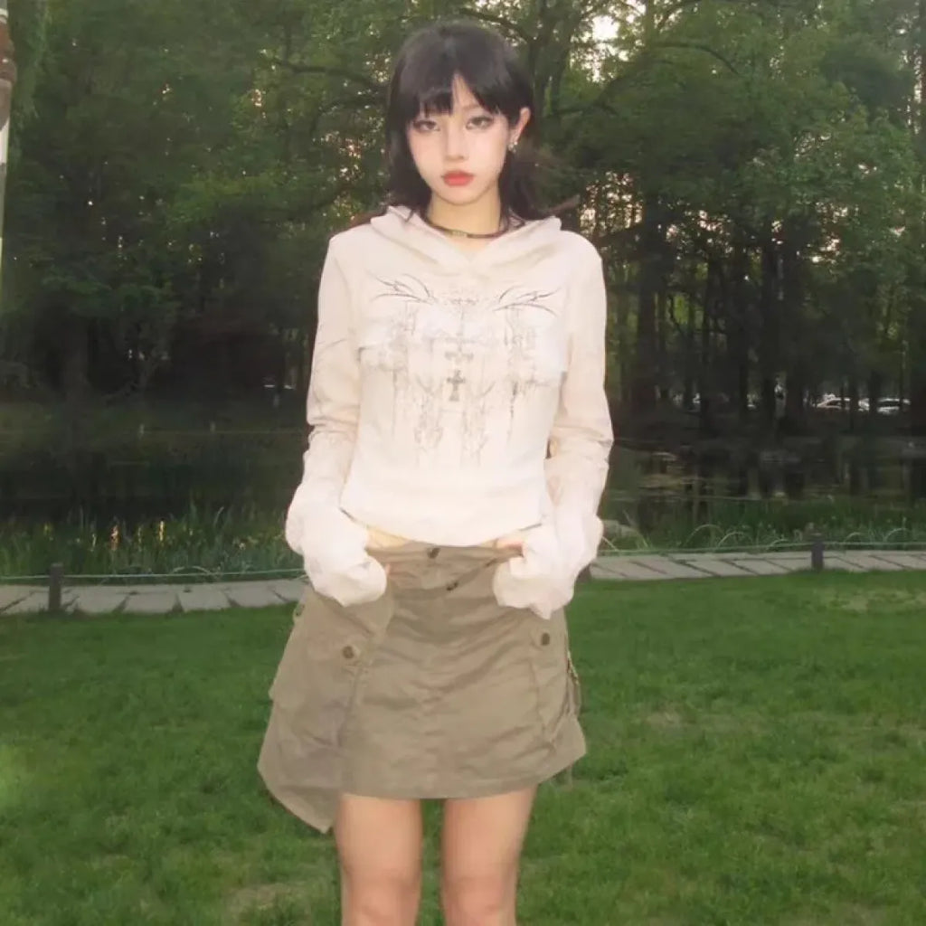 Gothic Print Hoodie – Y2K E-Girl Long Sleeve Harajuku Top - Hoodies & Sweatshirts - Hooded - Hoodies - 2