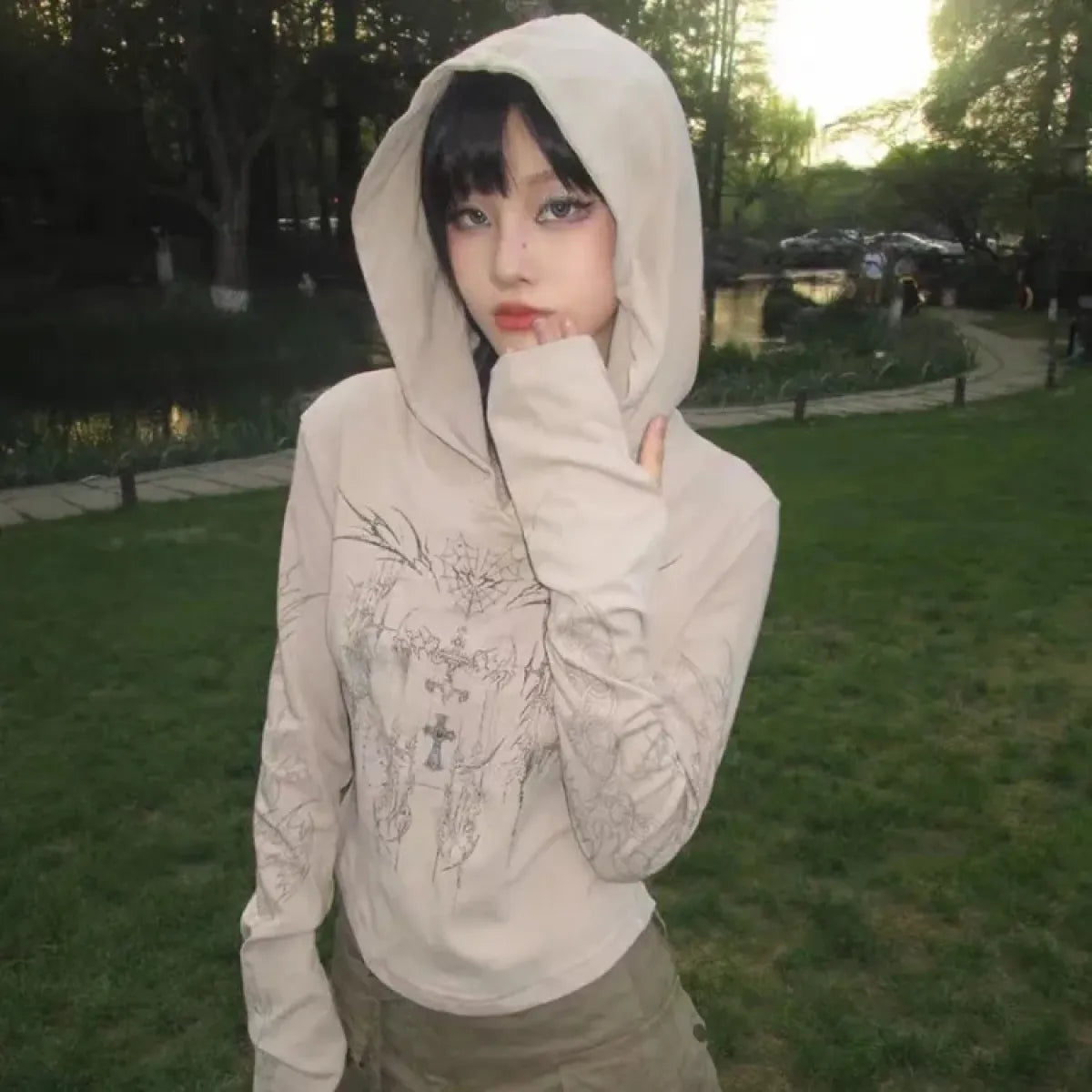 Gothic Print Hoodie – Y2K E-Girl Long Sleeve Harajuku Top - Best Sellers - Hooded - Hoodies - 1
