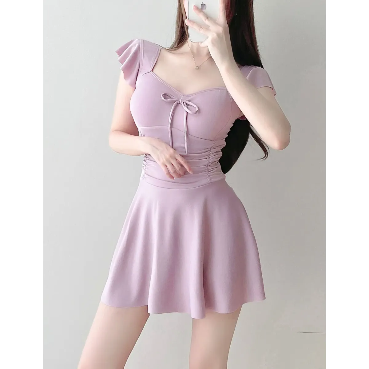 Mauve Ruffle Sleeve One Piece Swimsuit – Bow Detail Mini Dress Style - All Dresses - Sleeveless - Swimwear - 4