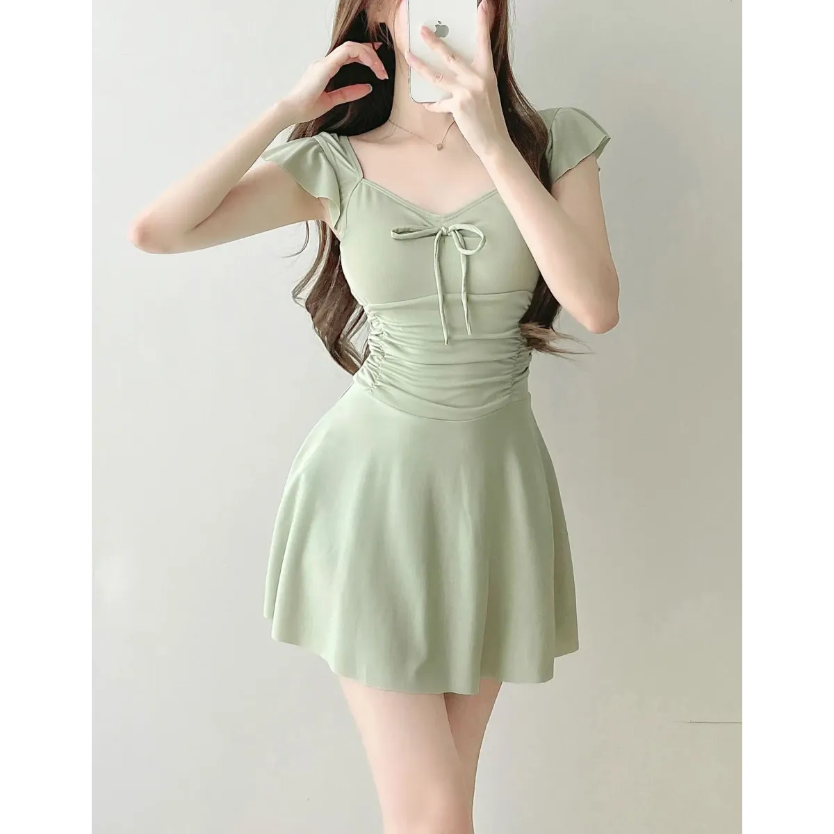 Mauve Ruffle Sleeve One Piece Swimsuit – Bow Detail Mini Dress Style - All Dresses - Sleeveless - Swimwear - 2