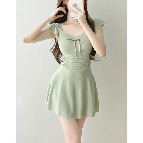 Mauve Ruffle Sleeve One Piece Swimsuit – Bow Detail Mini Dress Style - All Dresses - Sleeveless - Swimwear - 2