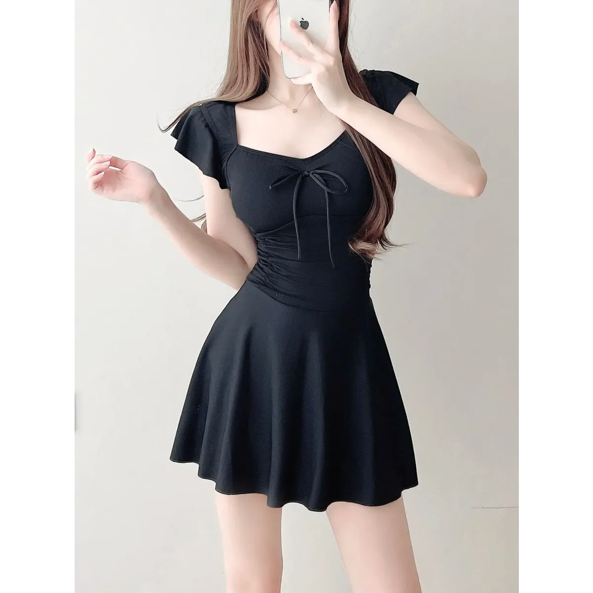 Mauve Ruffle Sleeve One Piece Swimsuit – Bow Detail Mini Dress Style - All Dresses - Sleeveless - Swimwear - 3