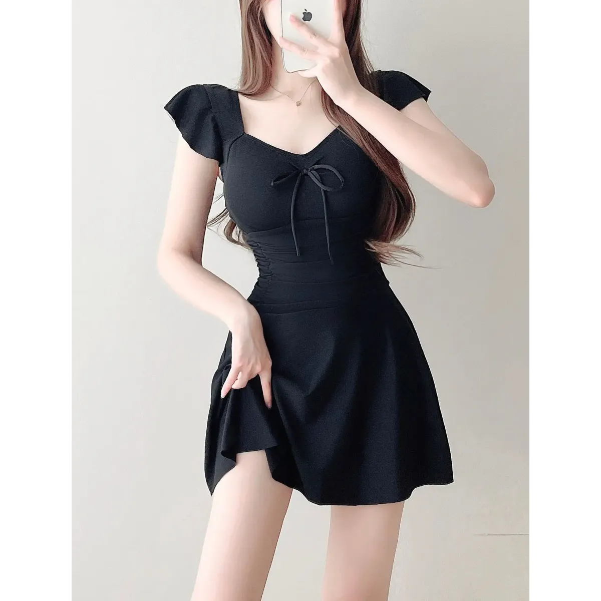 Mauve Ruffle Sleeve One Piece Swimsuit – Bow Detail Mini Dress Style - All Dresses - Sleeveless - Swimwear - 8