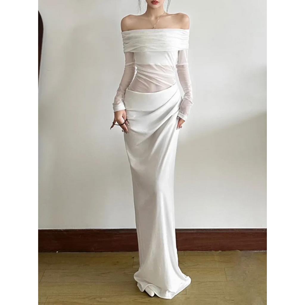 Y2K Sheer Patchwork Off-Shoulder Maxi Dress - All Dresses - Maxi Dress - 1