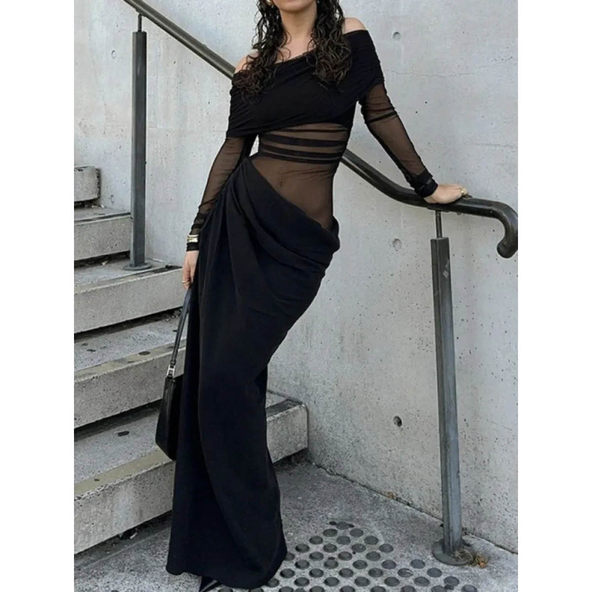 Y2K Sheer Patchwork Off-Shoulder Maxi Dress - All Dresses - Maxi Dress - 4