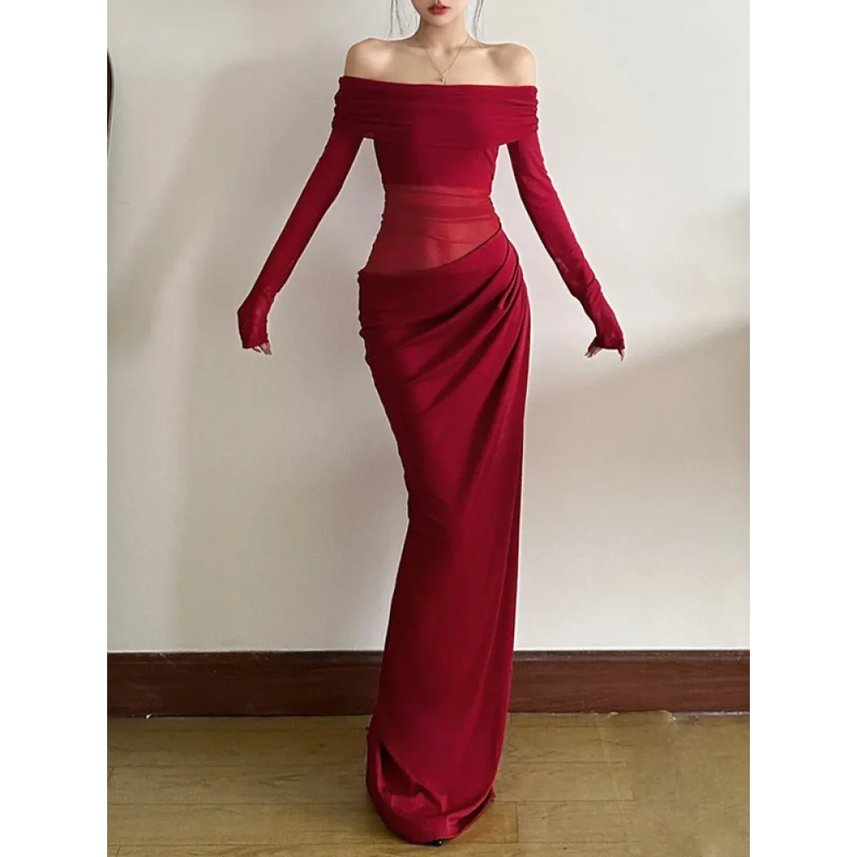 Y2K Sheer Patchwork Off-Shoulder Maxi Dress - All Dresses - Maxi Dress - 5