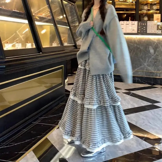 Harajuku Plaid Lace Ruffle A-line Maxi Skirt - Bottoms - Skirts - 1