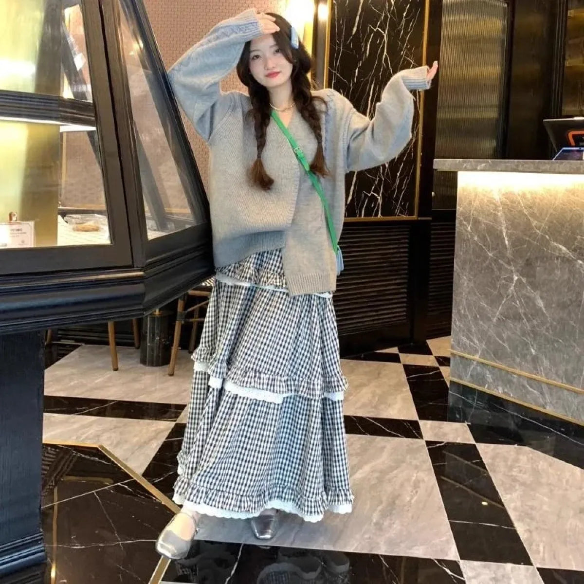 Harajuku Plaid Lace Ruffle A-line Maxi Skirt - Bottoms - Skirts - 3