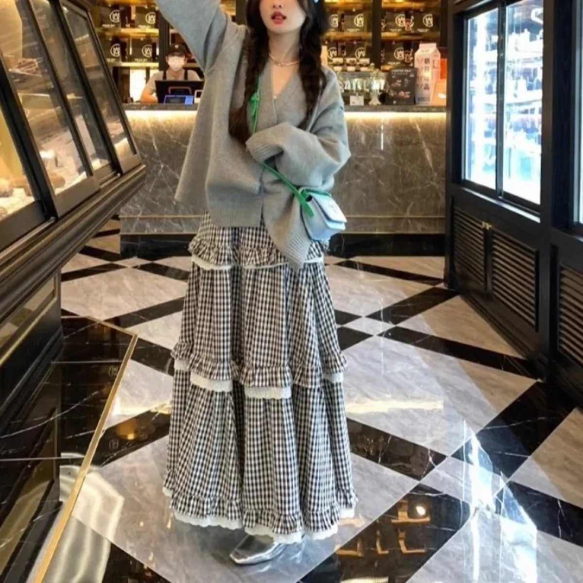 Harajuku Plaid Lace Ruffle A-line Maxi Skirt - Bottoms - Skirts - 5