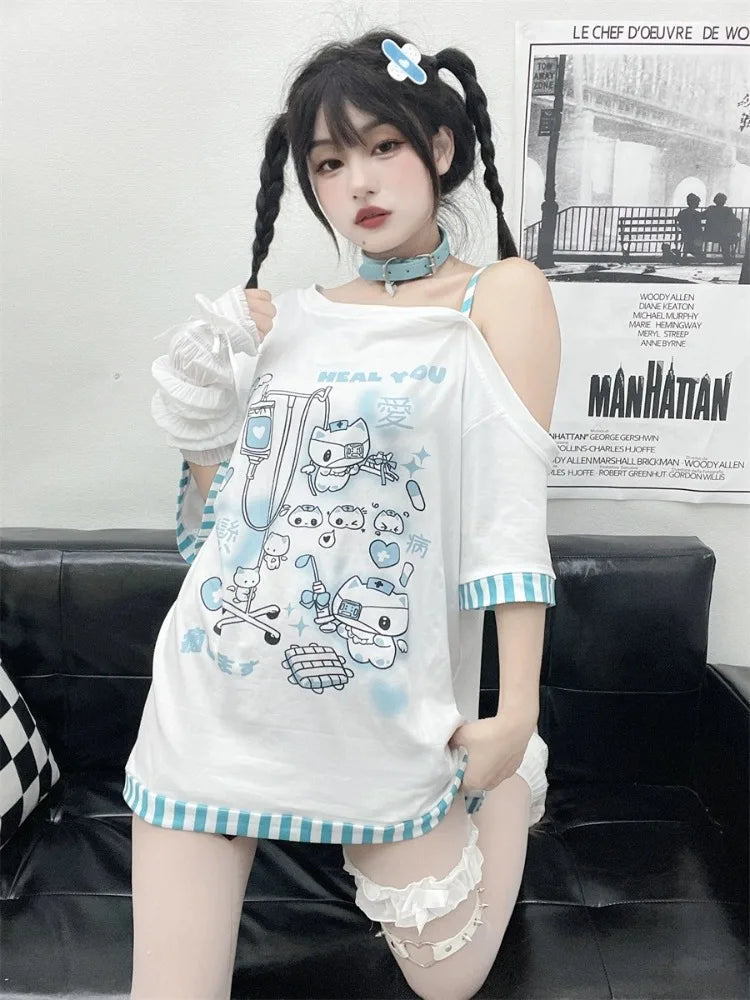 Medical Meow Tee – Kawaii Nurse Cat Graphic Oversized T-Shirt - T-Shirts - Shirts & Tops - 1 - 2024