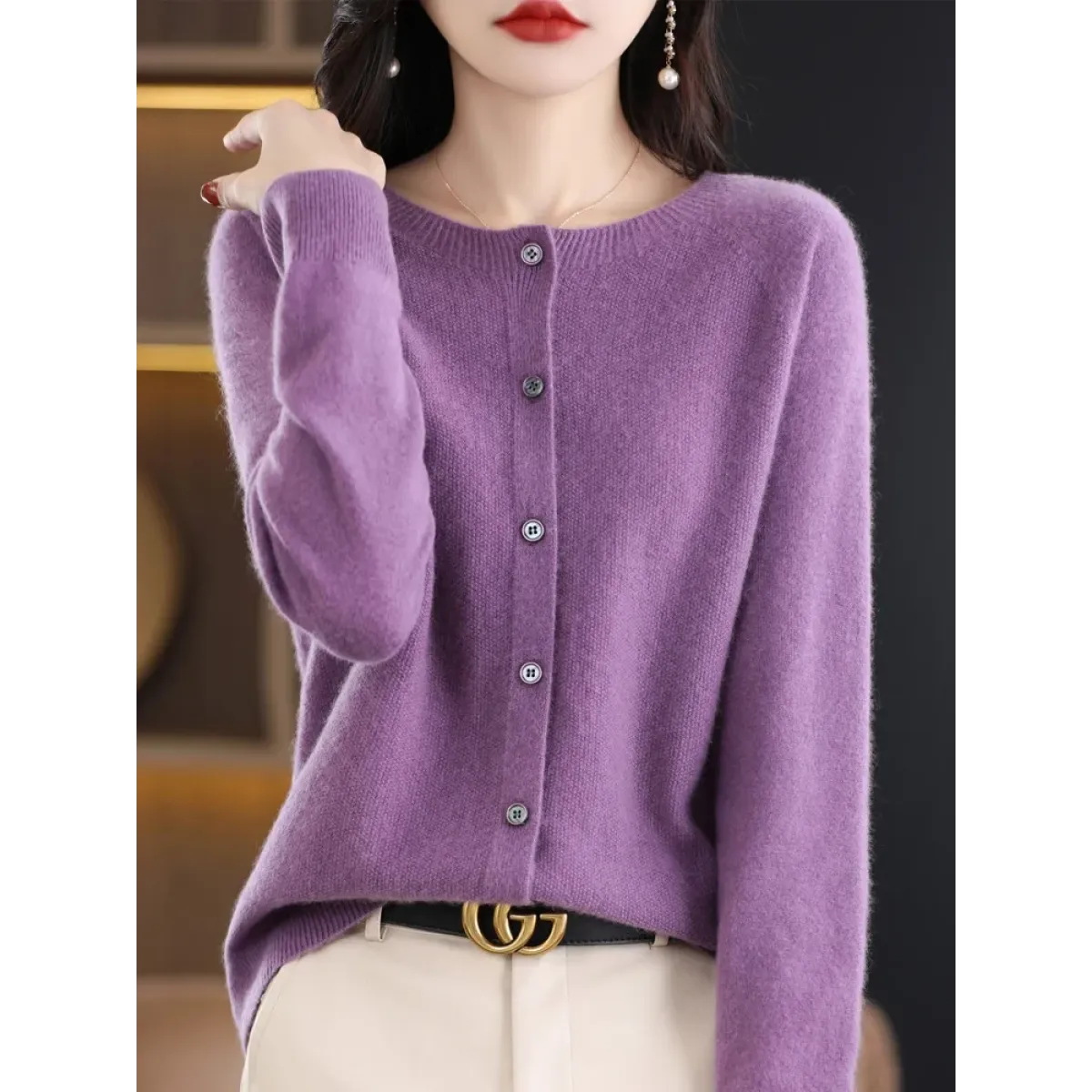 Merino Wool Korean-Style O-Neck Cardigan - Sweaters - Cardigan - 16