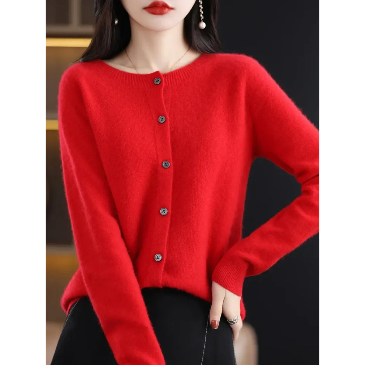 Merino Wool Korean-Style O-Neck Cardigan - Sweaters - Cardigan - 7