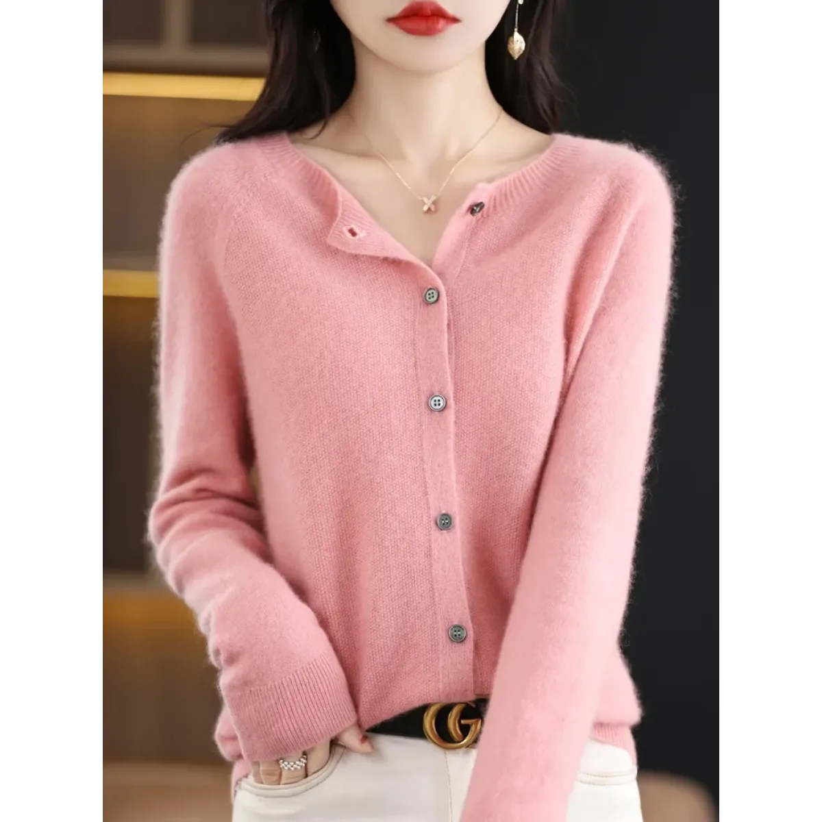 Merino Wool Korean-Style O-Neck Cardigan - Sweaters - Cardigan - 3