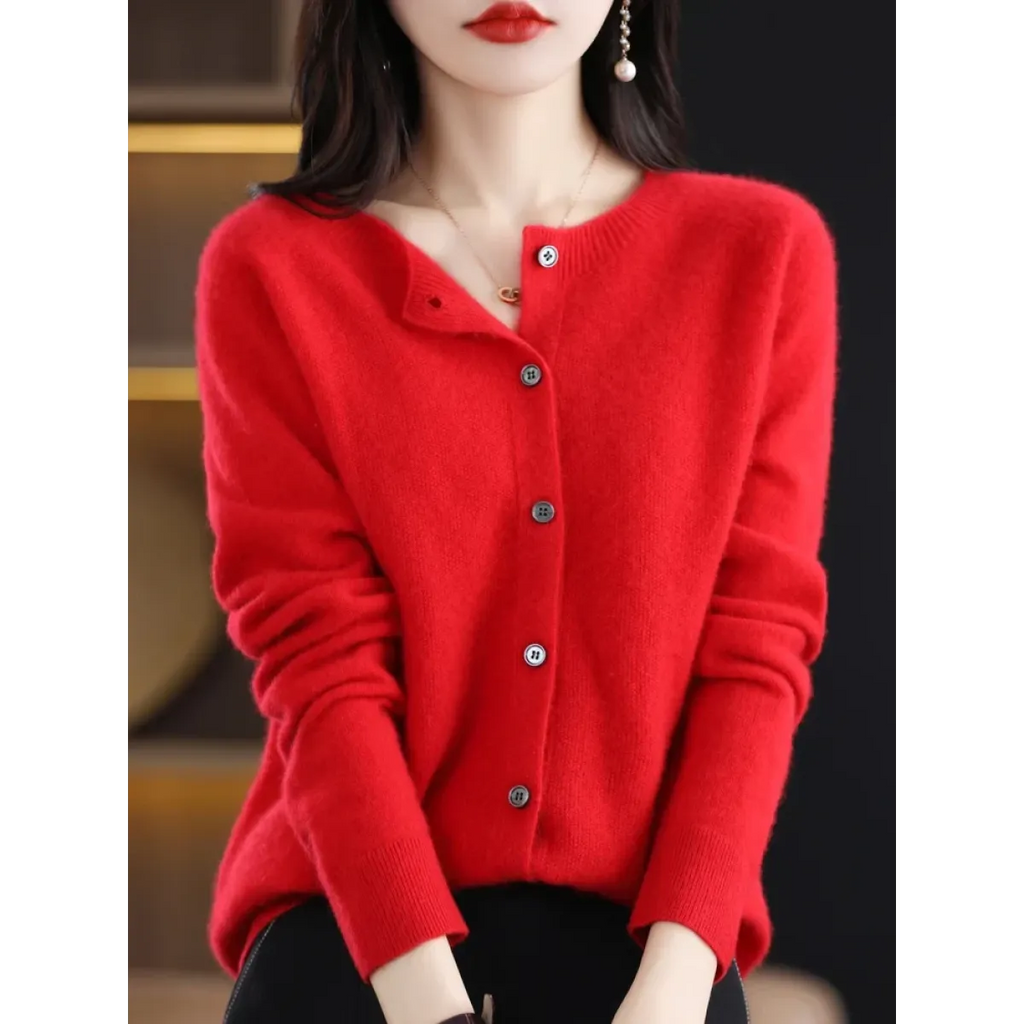 Merino Wool Korean-Style O-Neck Cardigan - Sweaters - Cardigan - 2