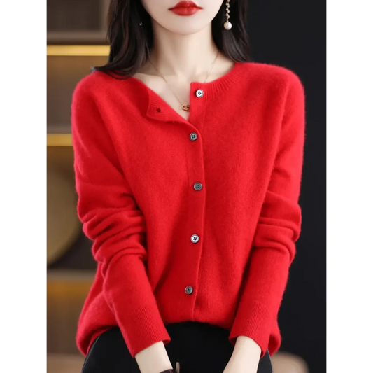 Merino Wool Korean-Style O-Neck Cardigan - Sweaters - Cardigan - 2