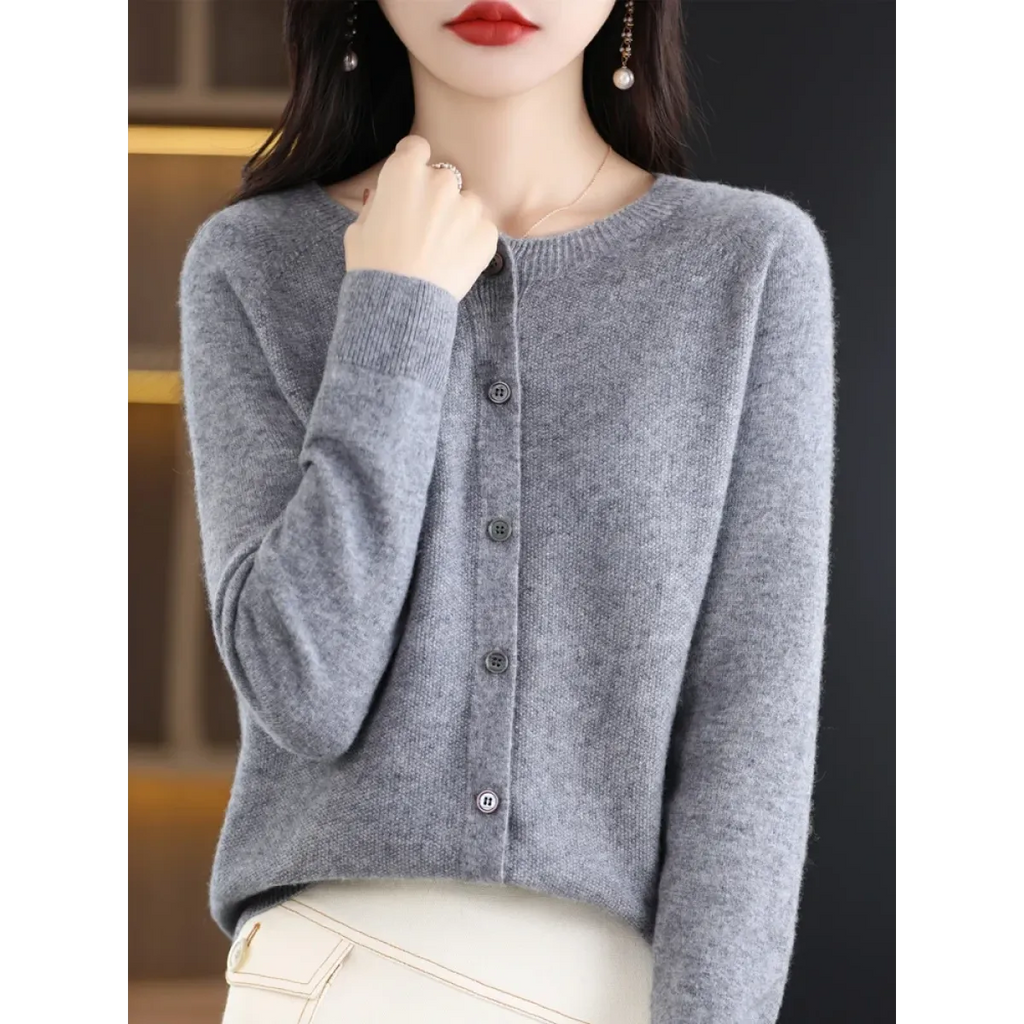 Merino Wool Korean-Style O-Neck Cardigan - Sweaters - Cardigan - 8