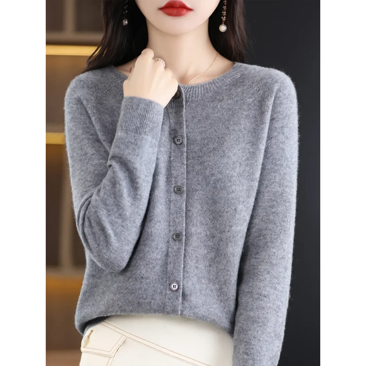 Merino Wool Korean-Style O-Neck Cardigan - Sweaters - Cardigan - 8