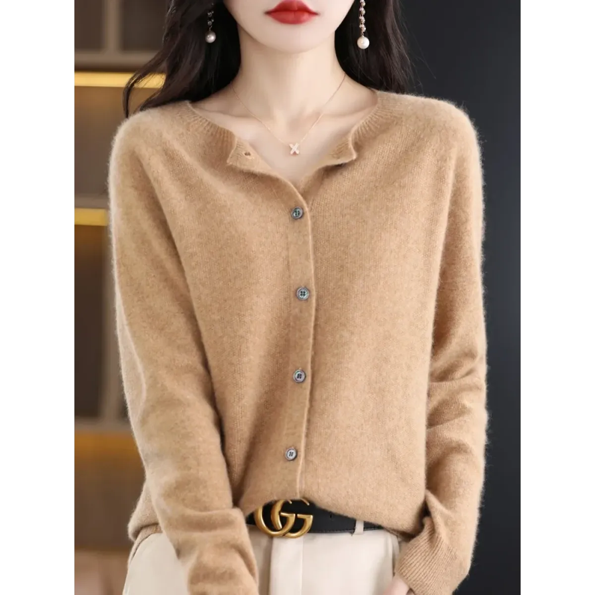Merino Wool Korean-Style O-Neck Cardigan - Sweaters - Cardigan - 18