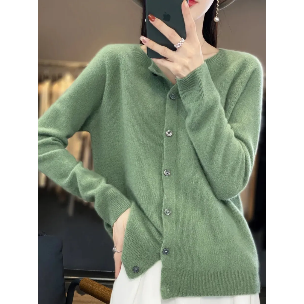 Merino Wool Korean-Style O-Neck Cardigan - Sweaters - Cardigan - 11