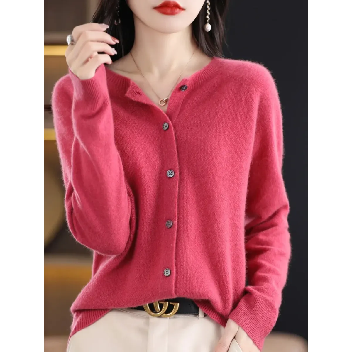 Merino Wool Korean-Style O-Neck Cardigan - Sweaters - Cardigan - 5