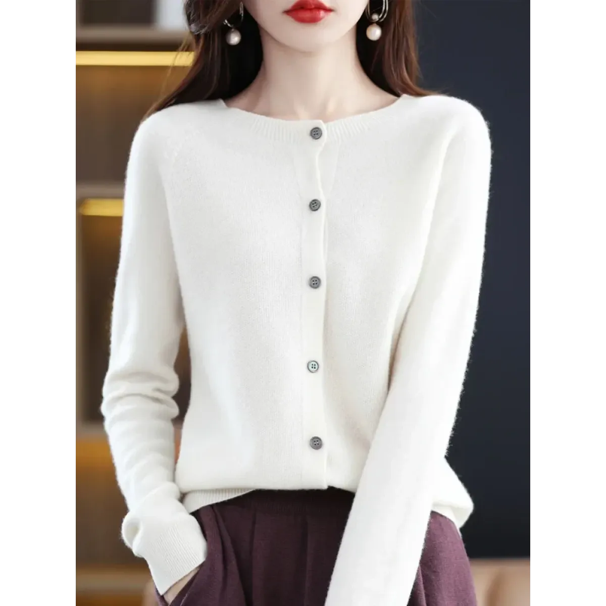 Merino Wool Korean-Style O-Neck Cardigan - Sweaters - Cardigan - 13