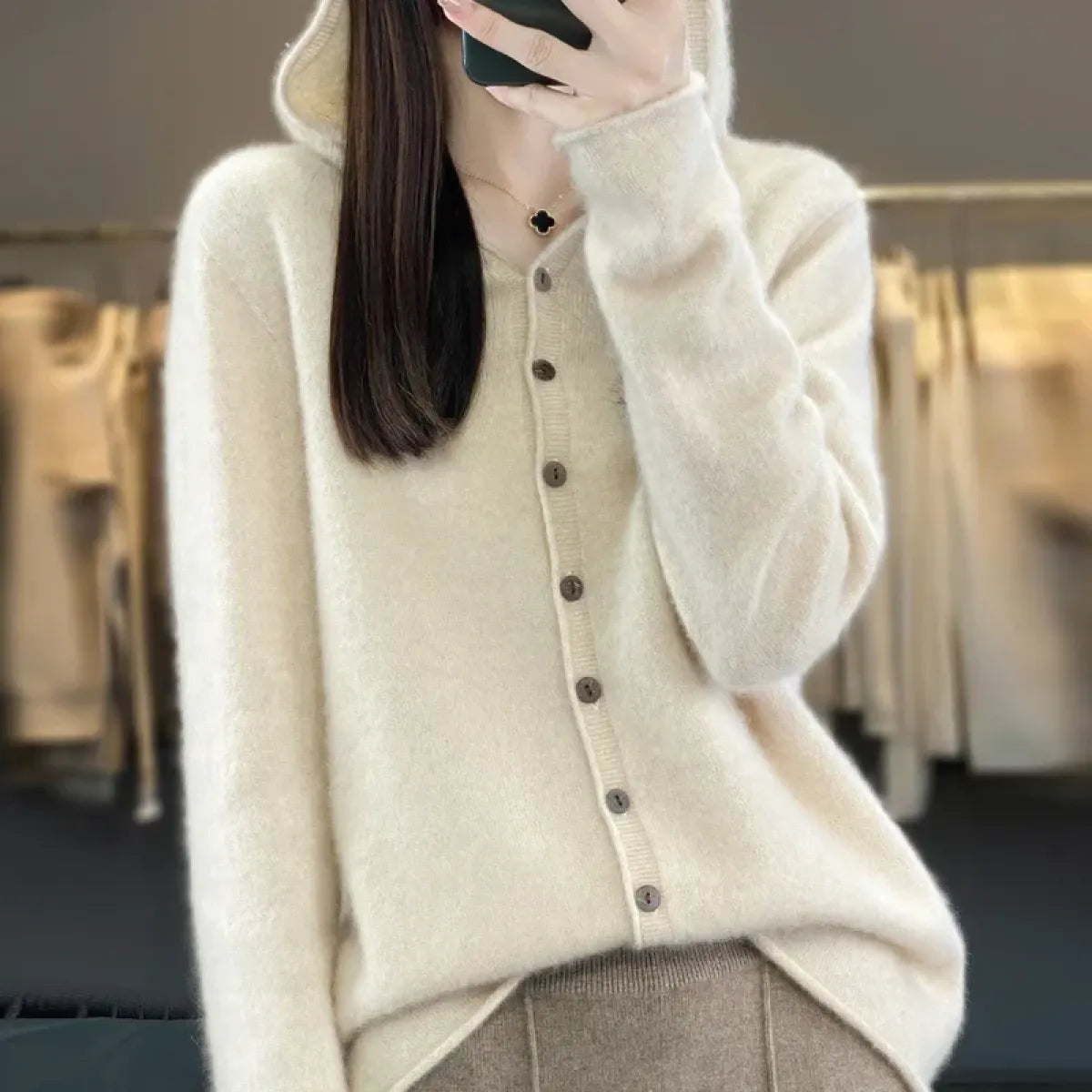 Merino Wool Hooded Knit Cardigan - Women’s Clothing & Accessories - Cardigan - 1