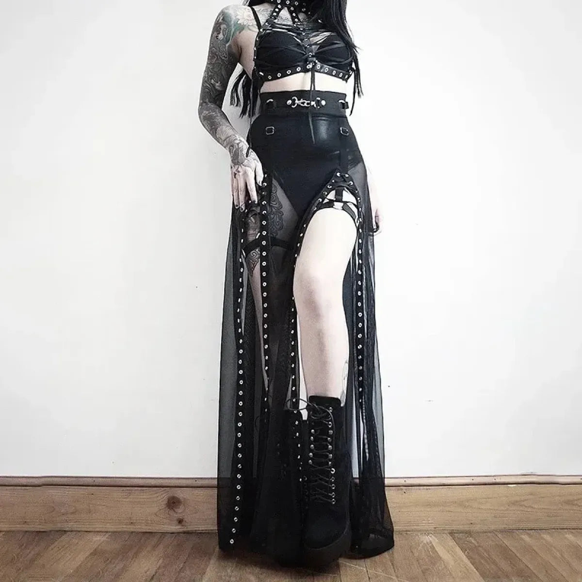 Mesh Gothic Side Slit Skirt – Punk Lace-Up High Waist Maxi Skirt - Bottoms - Skirts - 5
