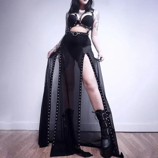 Mesh Gothic Side Slit Skirt – Punk Lace-Up High Waist Maxi Skirt - Bottoms - Skirts - 2