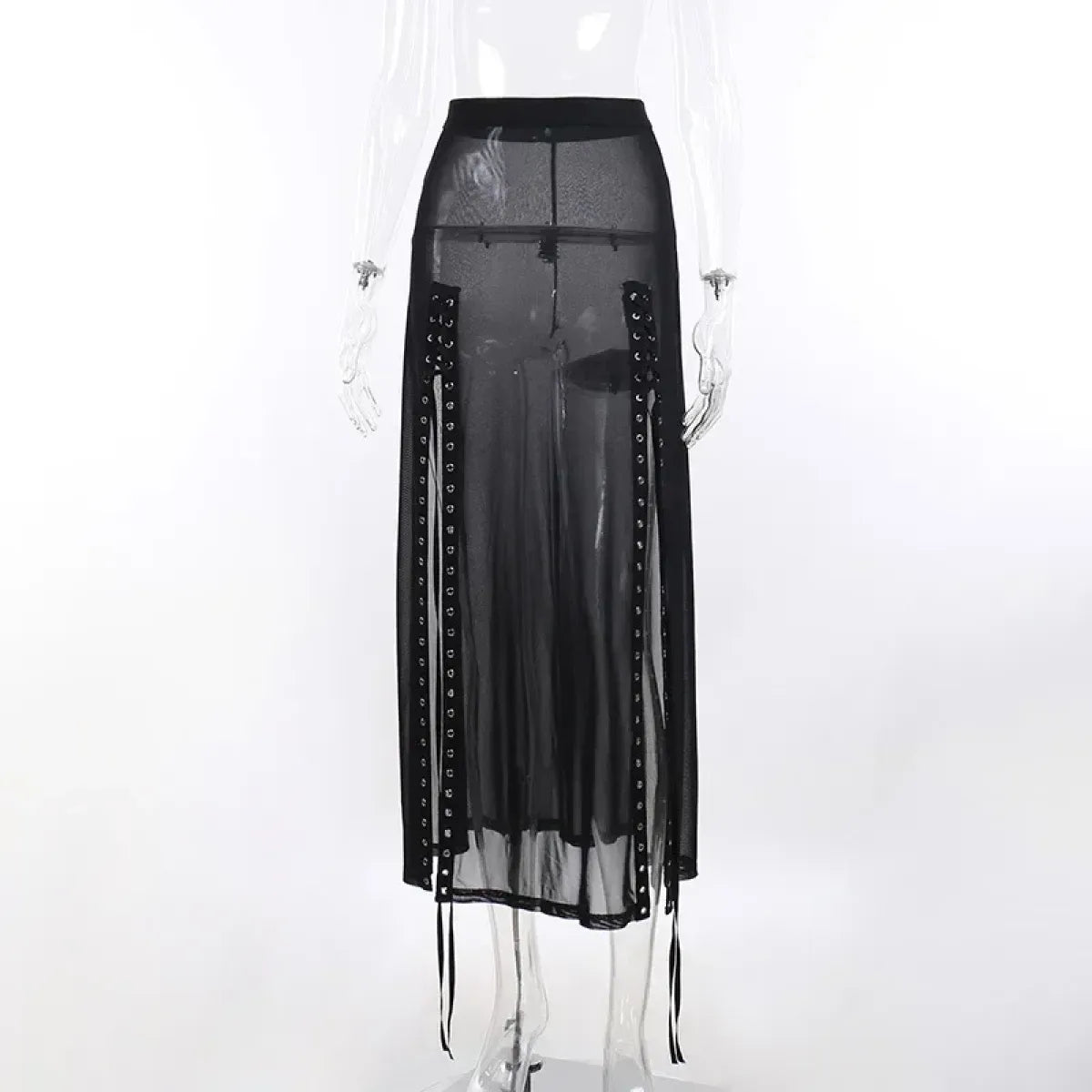 Mesh Gothic Side Slit Skirt – Punk Lace-Up High Waist Maxi Skirt - Bottoms - Skirts - 8