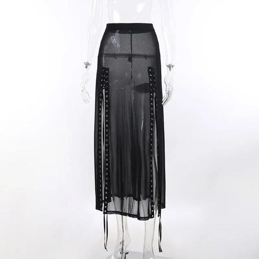 Mesh Gothic Side Slit Skirt – Punk Lace-Up High Waist Maxi Skirt - Bottoms - Skirts - 8